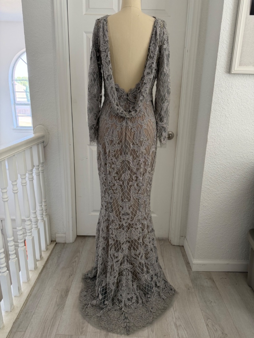 Marchesa: Designer Silver Beaded Embroidered Damask Lace Long Sleeve Gown